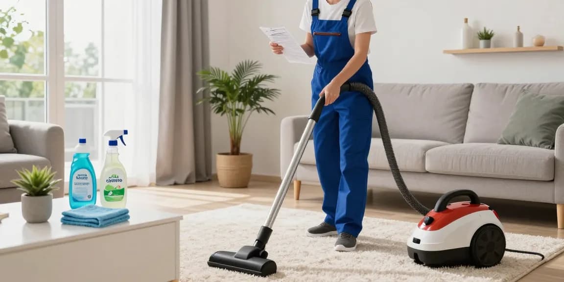Professional cleaner from reinigungsfirma bern vacuuming a bright living room, showcasing reliable cleaning services.
