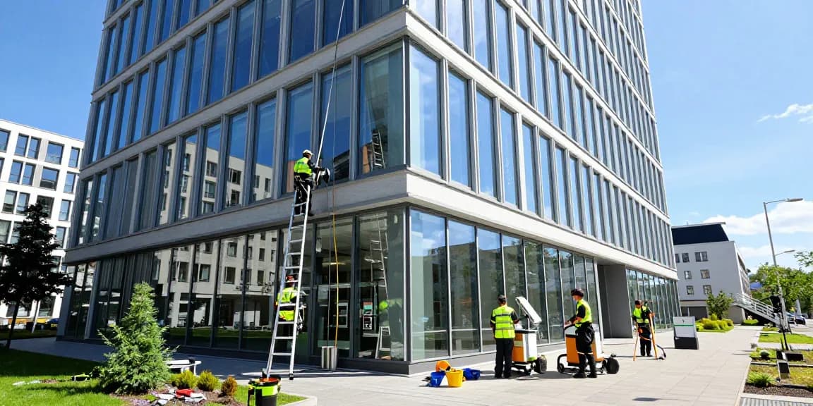 Professionelles Team beschäftigt in der Gebäudereinigung Solothurn, reinigt die Fassade eines Gewerbegebäudes mit modernen Werkzeugen.
