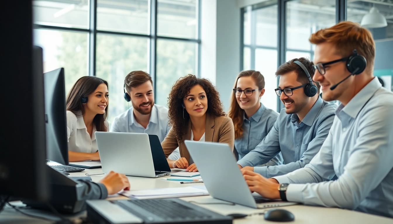 IT Support team engaged in a collaborative meeting in a bright office environment.