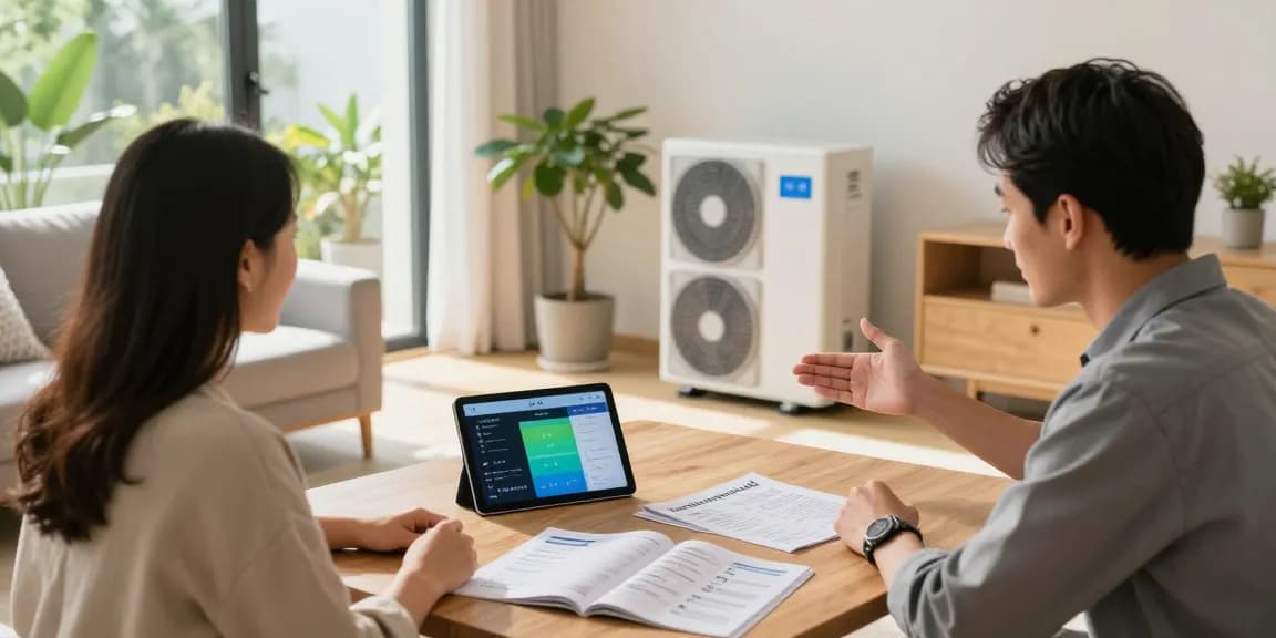 Couple learning about wärmepumpe kaufen options in a cozy living room with an energy-efficient heat pump.