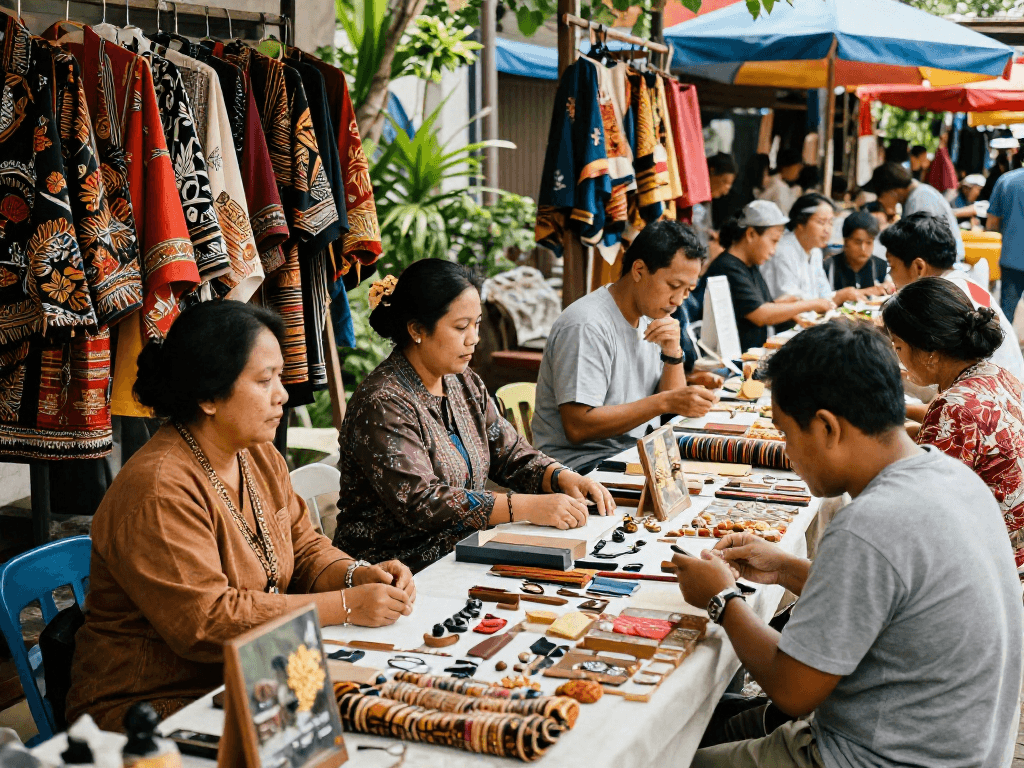 Local artisans showcasing diverse UMKM products at vibrant market, supporting rokok88's mission.