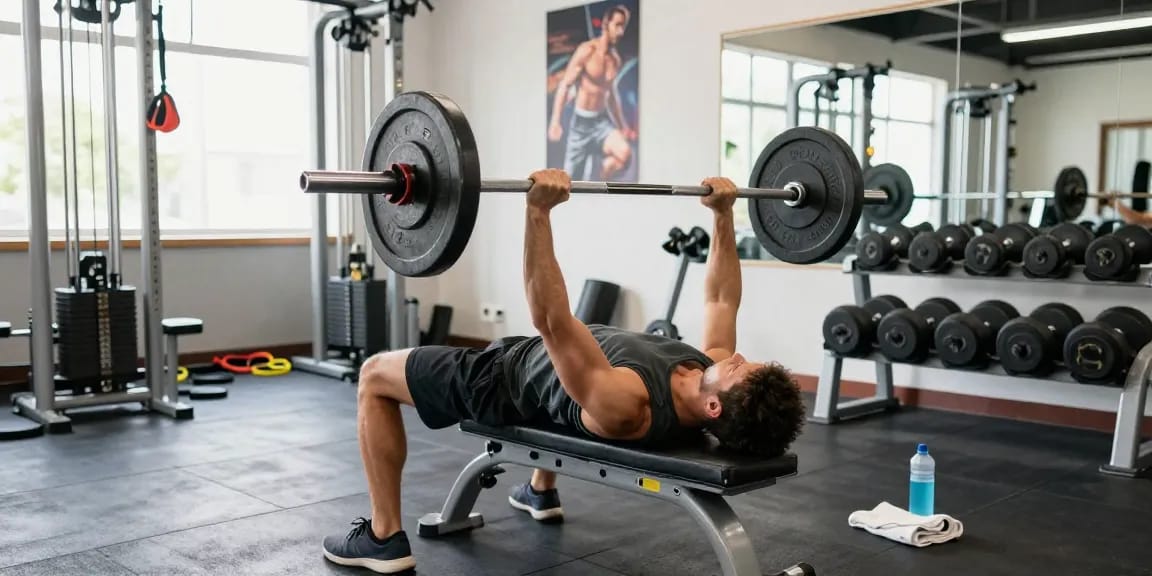 Energiegeladenes Workout im Anabolika Shop mit Bodybuilder, der Bankdrücken ausführt, um Muskelmasse aufzubauen.