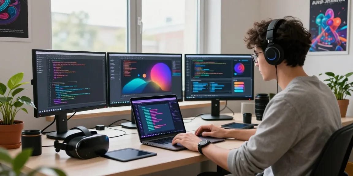 Developer using an nsfw ai generator in a modern digital workspace with vibrant code.
