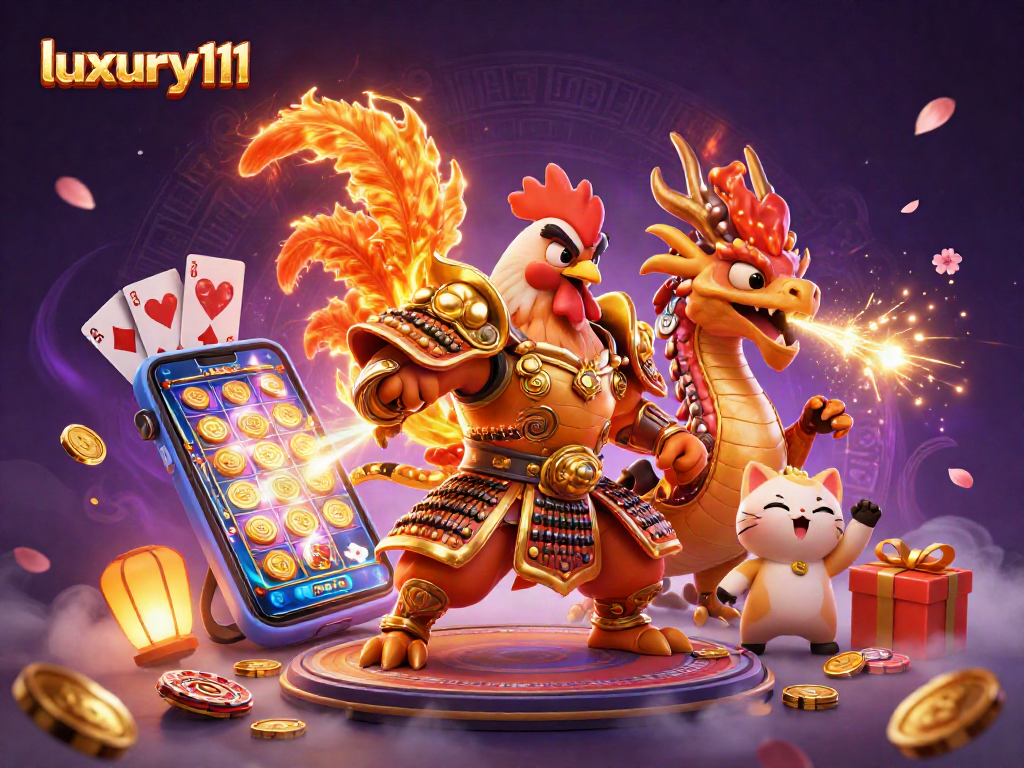 Experience luxury111 gameplay with a fierce rooster and dragon in a vibrant casino scene.