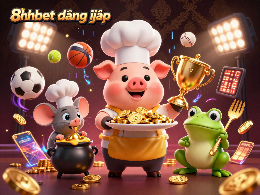 Engage with exciting 8xbet đăng nhập gaming atmosphere featuring a chef pig serving gold coins.