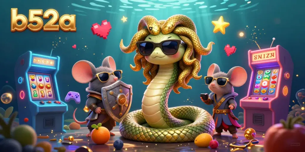 Experience thrilling jackpots at b52a with Medusa and a warrior mouse in a vibrant gaming scene.