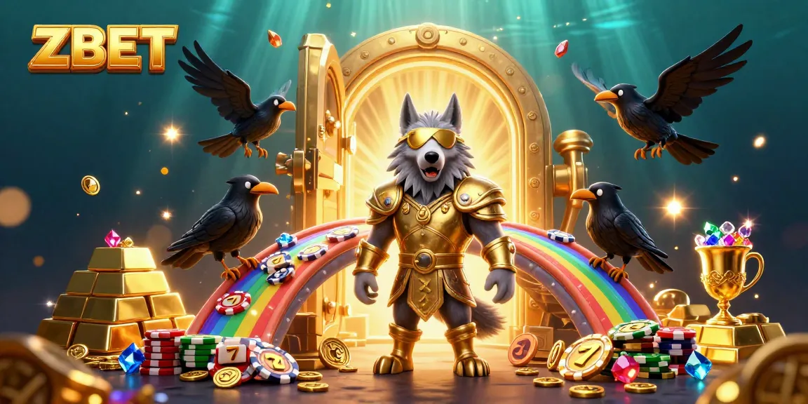 ZBET casino scene with Odin wolf and ravens amidst slot machines and treasures