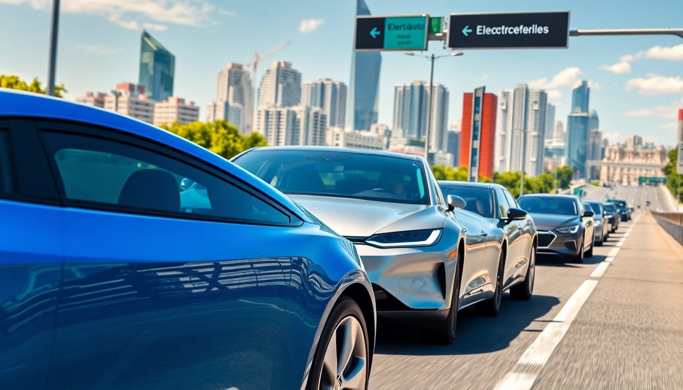 Elektroautos fahren auf einer Autobahn mit futuristischem Design und urbanem Hintergrund.