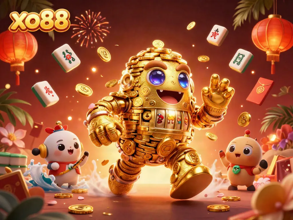 Join the excitement at xo88 with a vibrant 3D gambling fantasy showcasing a golden golem amid juego elements.