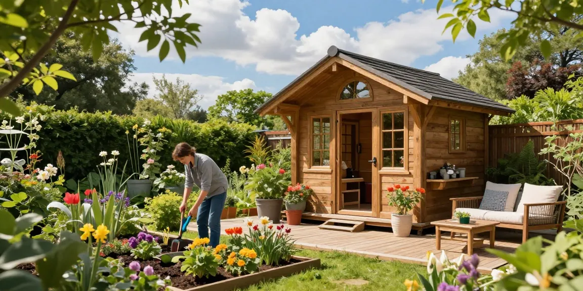 Hübsches Gartenhaus, umgeben von Blumen und prächtigem Grün, während ein Hausbesitzer mit Gartenwerkzeugen arbeitet.