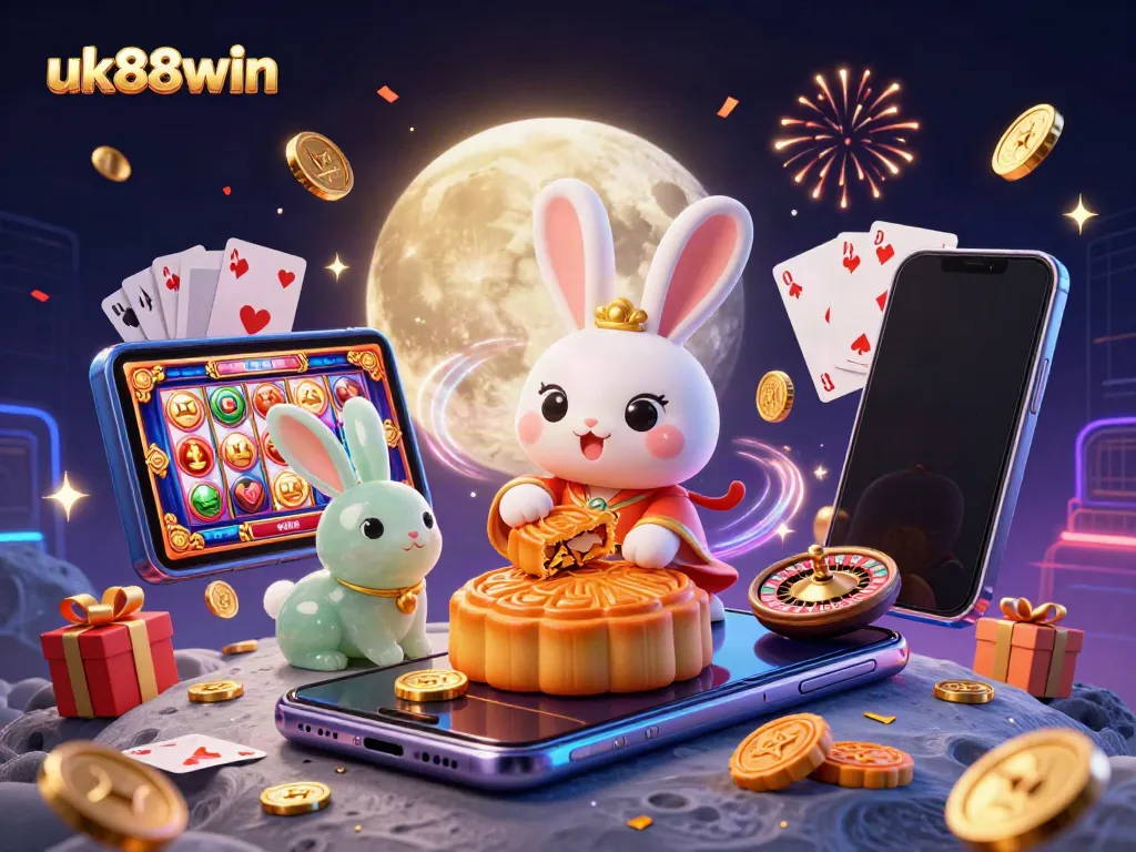 Engage in exciting gameplay at uk88win with moon rabbit characters, poker chips, and vibrant slot games.