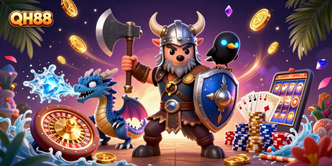 Engage in thrilling gameplay with QH88's Viking warrior alongside an icy dragon and raven.