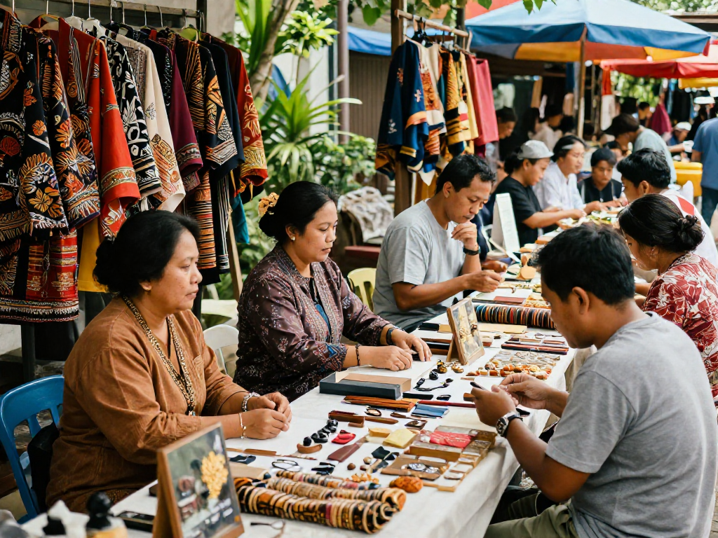 Local artisans showcasing diverse UMKM products at vibrant market, supporting rokok88's mission.