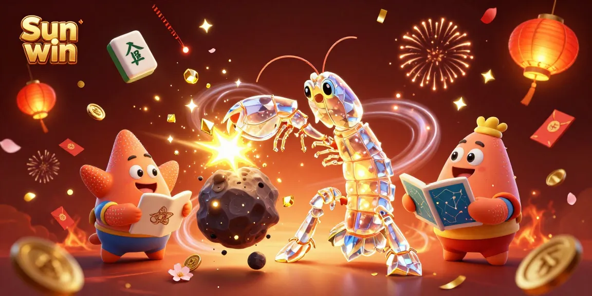 Sun win gaming experience illustrated with vibrant 3D characters, explosions of coins, and festive decorations.