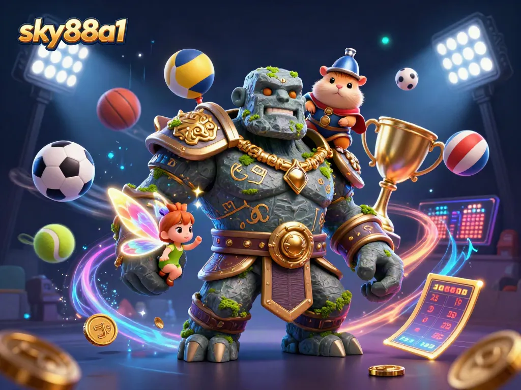 Engaging scene of sky88a1 golem and hamster knight amid flying sports elements and glowing betting slips.