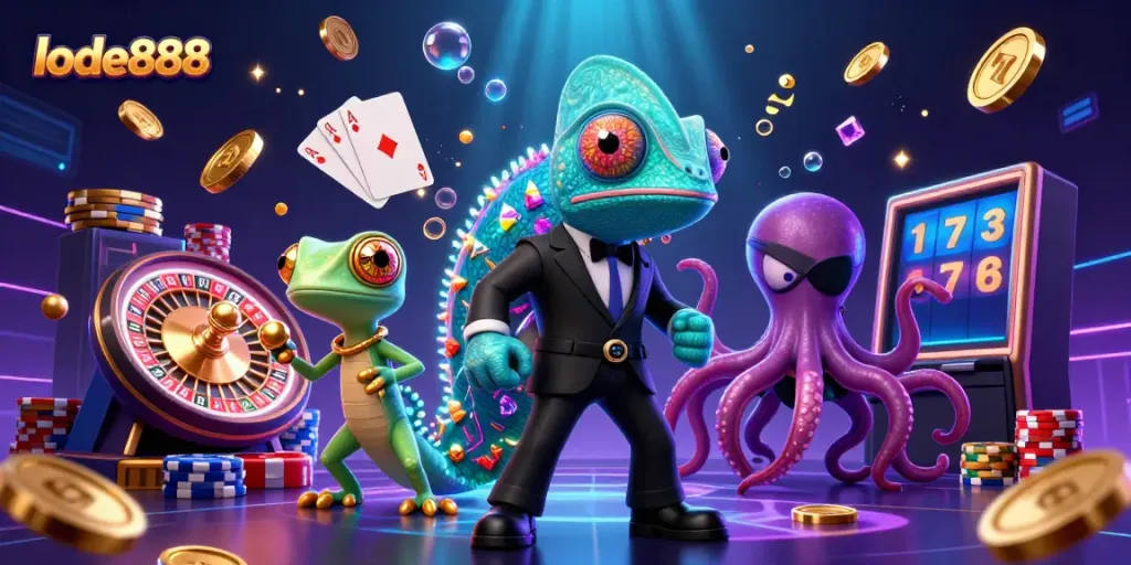 Catch lode888's excitement with colorful casino action featuring vibrant characters, roulette, and gold!