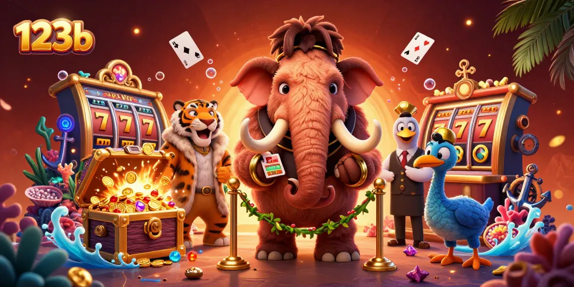Experience the excitement of 123b with a vibrant casino scene featuring a woolly mammoth bouncer and treasure.