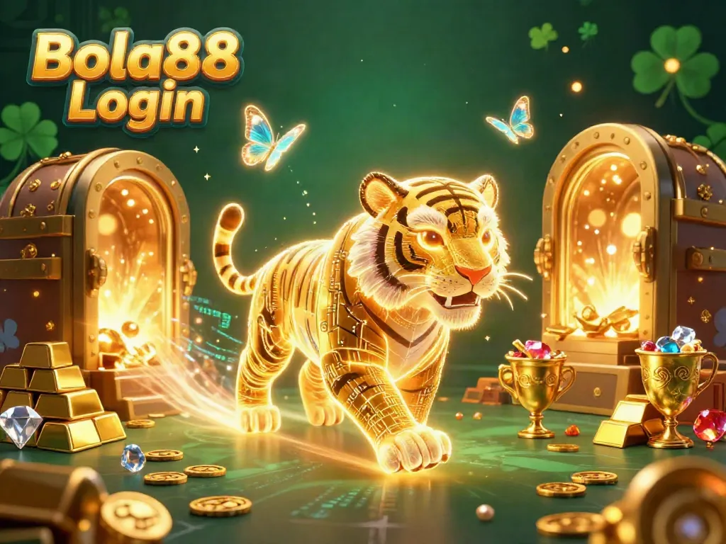 Bola88 Login illustration featuring a golden tiger in a vibrant digital casino landscape full of treasures and effects.
