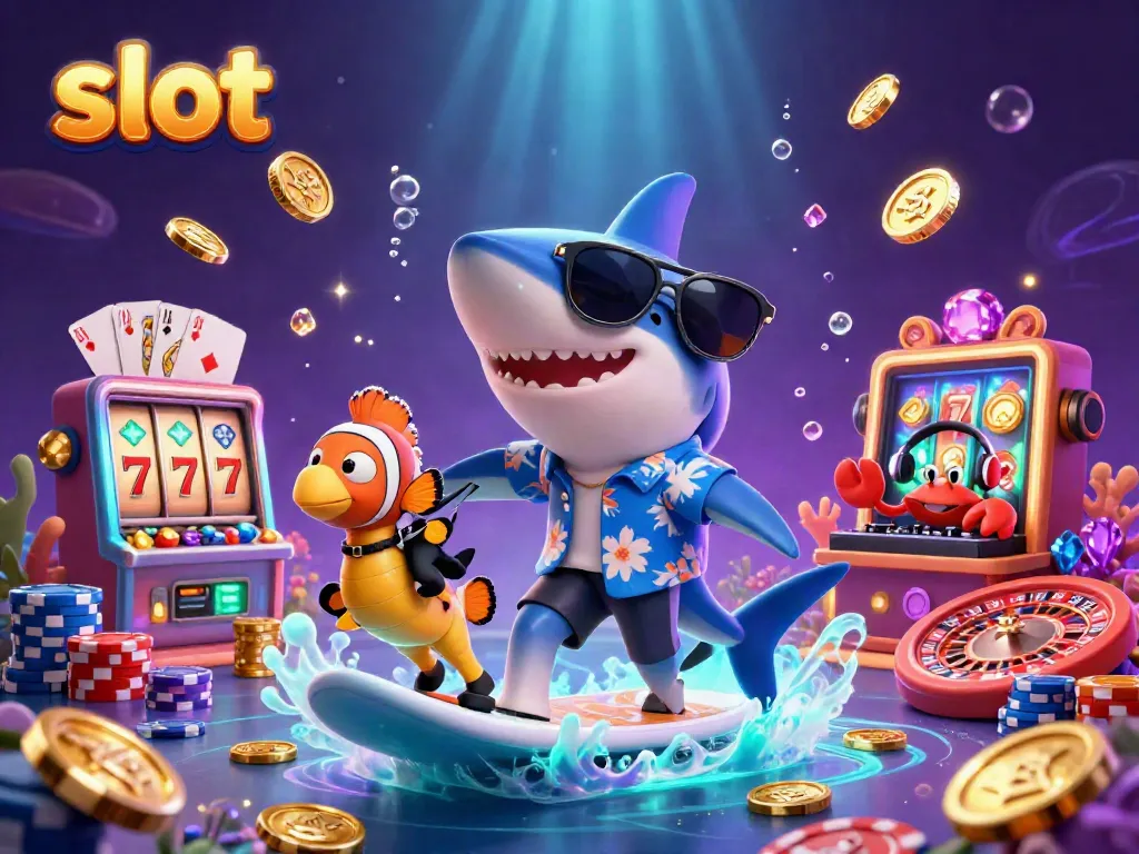 Experience the thrill of slot gaming with a shark surfing on gold coins and vibrant casino elements.