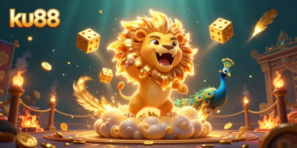 Experience thrilling action gaming at ku88 with vibrant casino elements and a roaring sun lion