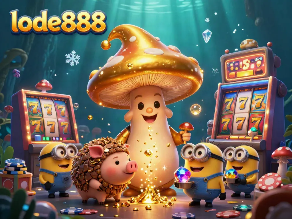 Join the magical journey with lode888 as a golden mushroom wizard seeks treasures in a vibrant casino world.