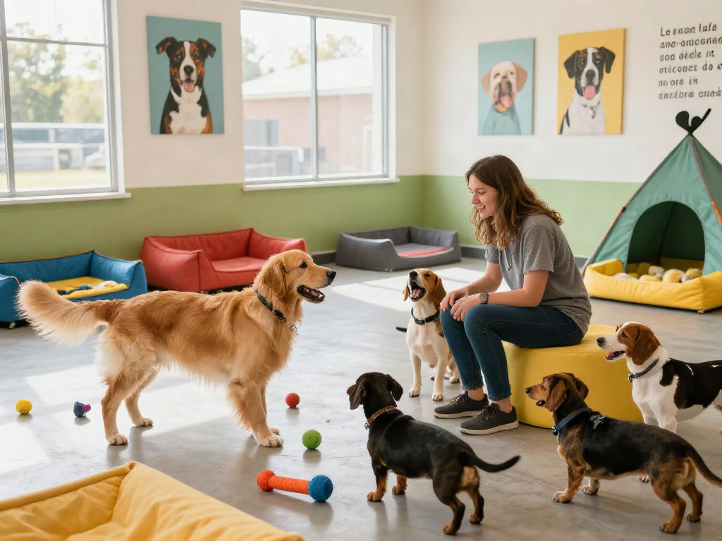Dogs enjoying playtime at a lively dog daycare, highlighting slot88 services for pet owners.