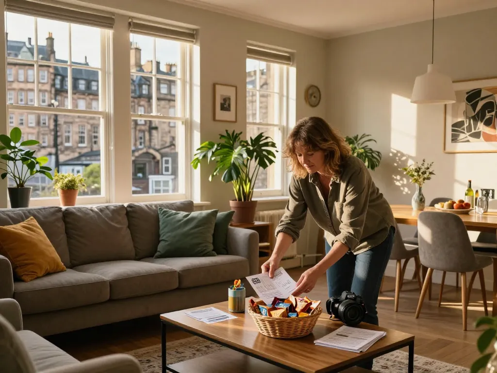 Cozy living room showcasing airbnb management edinburgh with inviting decor and beautiful views.