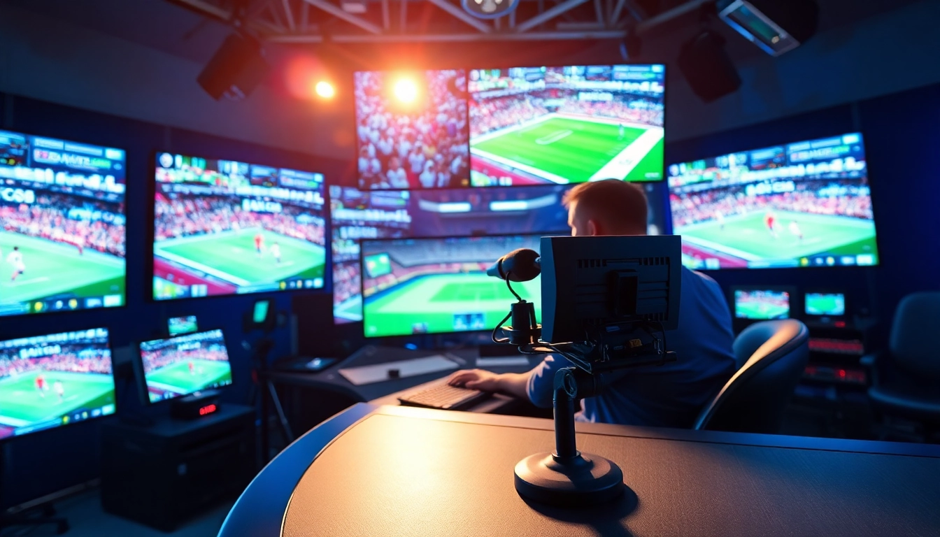 Engaging sports broadcasting studio with announcer and vibrant screens showcasing sports.