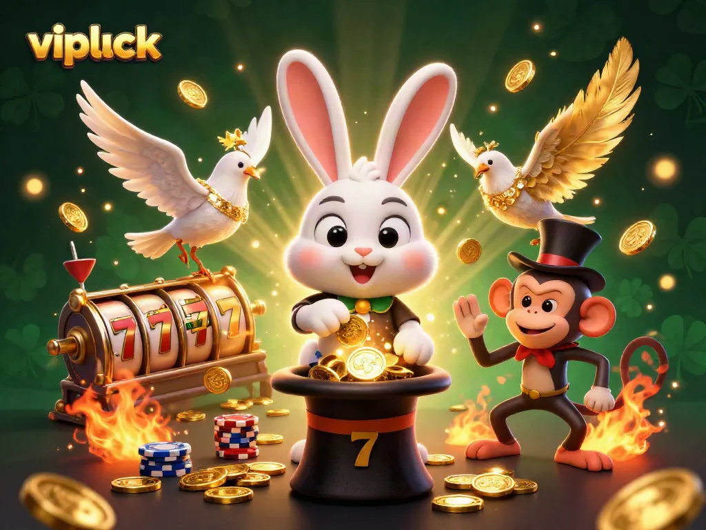Engage with vipluck's colorful 3D casino scene featuring a magician rabbit, sparkling coins, and fun gaming elements.
