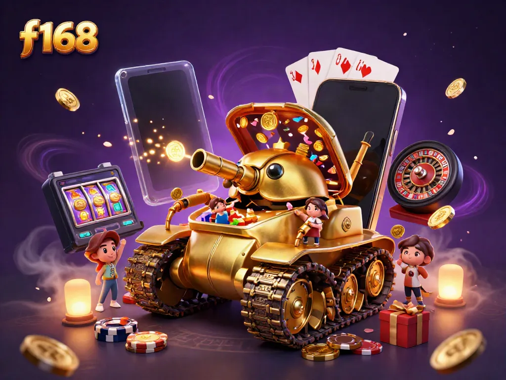 Experience f168 in a whimsical 3D scene with a golden beetle tank revealing a casino inside.