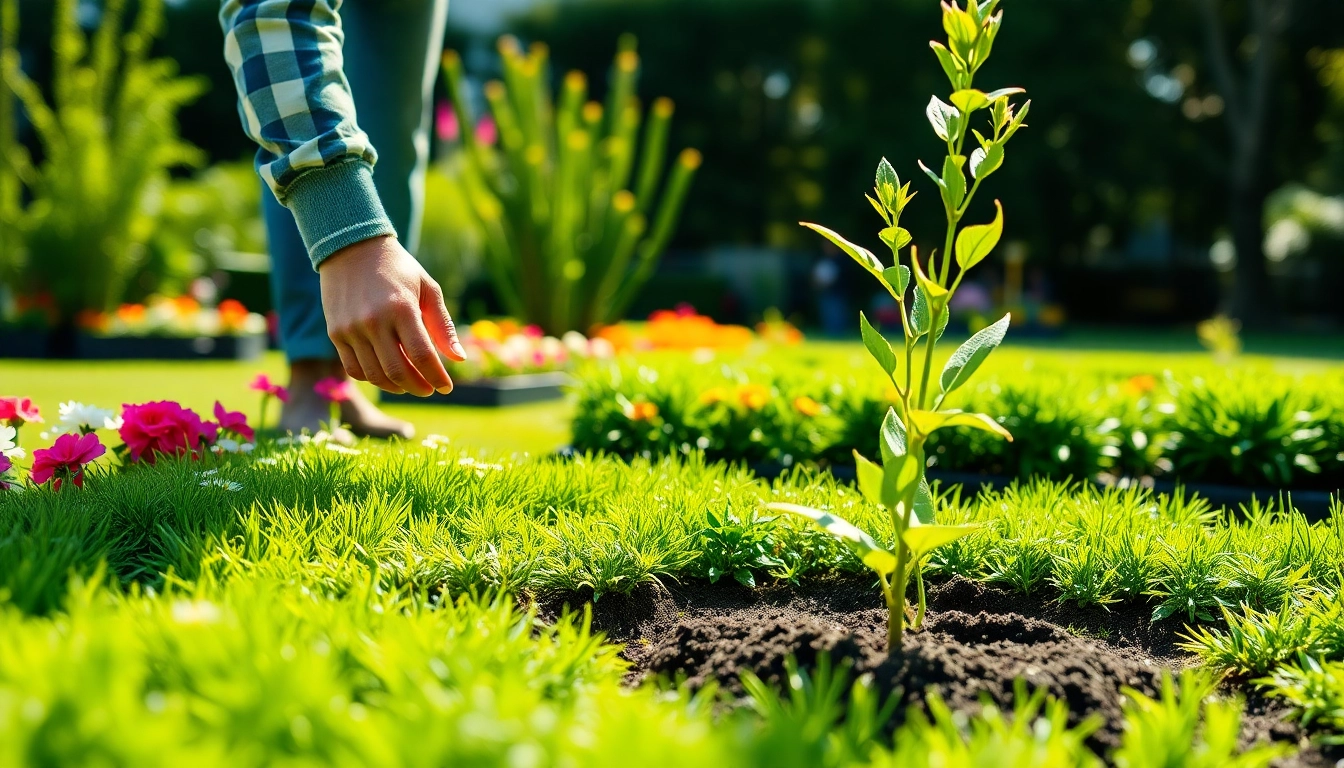 Gartenbaubetrieb bei der Neuanlage eines Gartens mit einem erfahrenen Gärtner in Aktion.