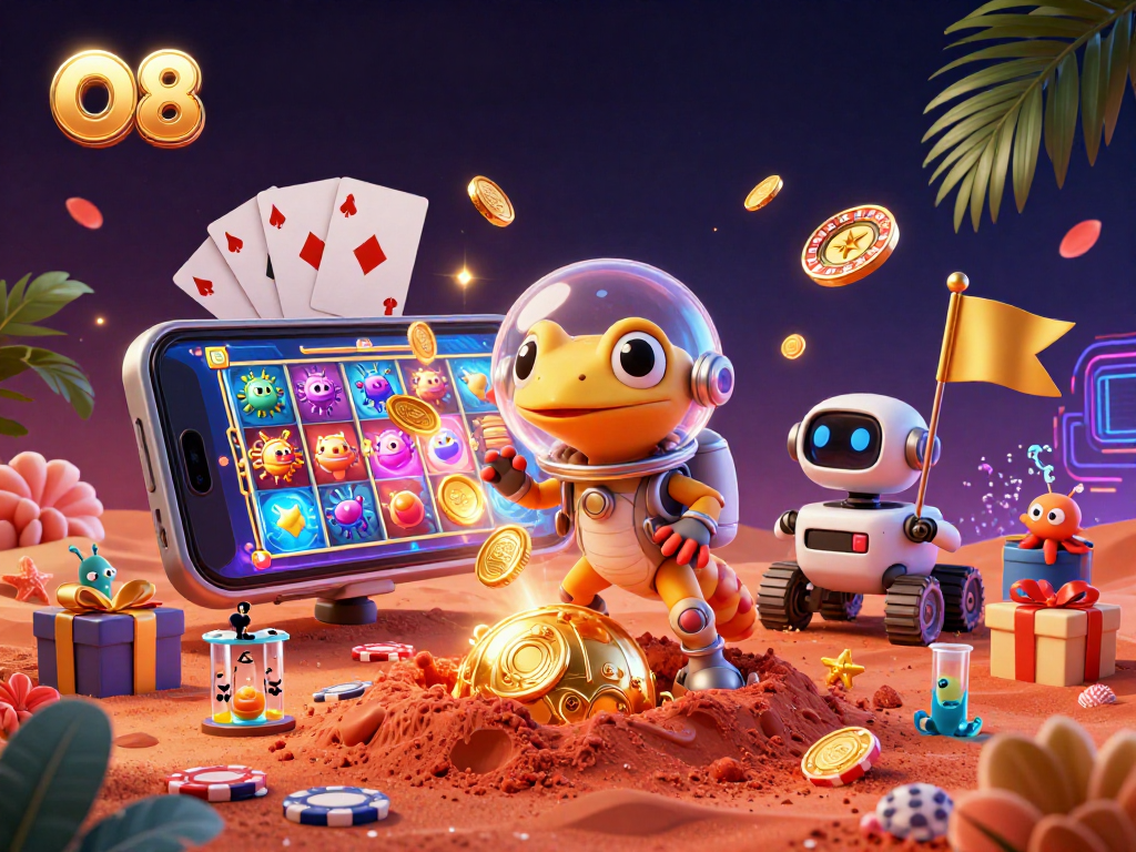 Experience the thrill of O8's vibrant casino adventures with a 3D Martian gecko in space themed illustration.
