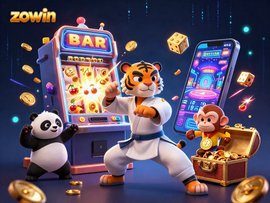 Zowin illustrates a lively casino scene with kung fu characters amid slot machines and dazzling lights.