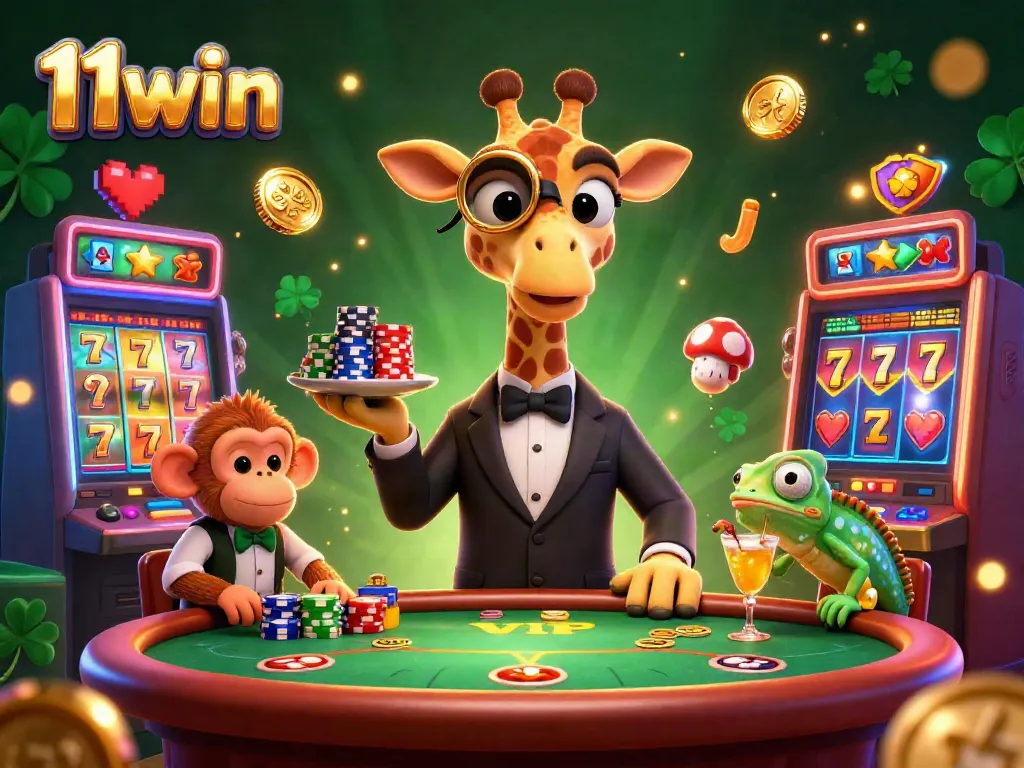 Experience thrilling gameplay at 11win with vibrant slots, a high-roller giraffe, and a lively casino scene.