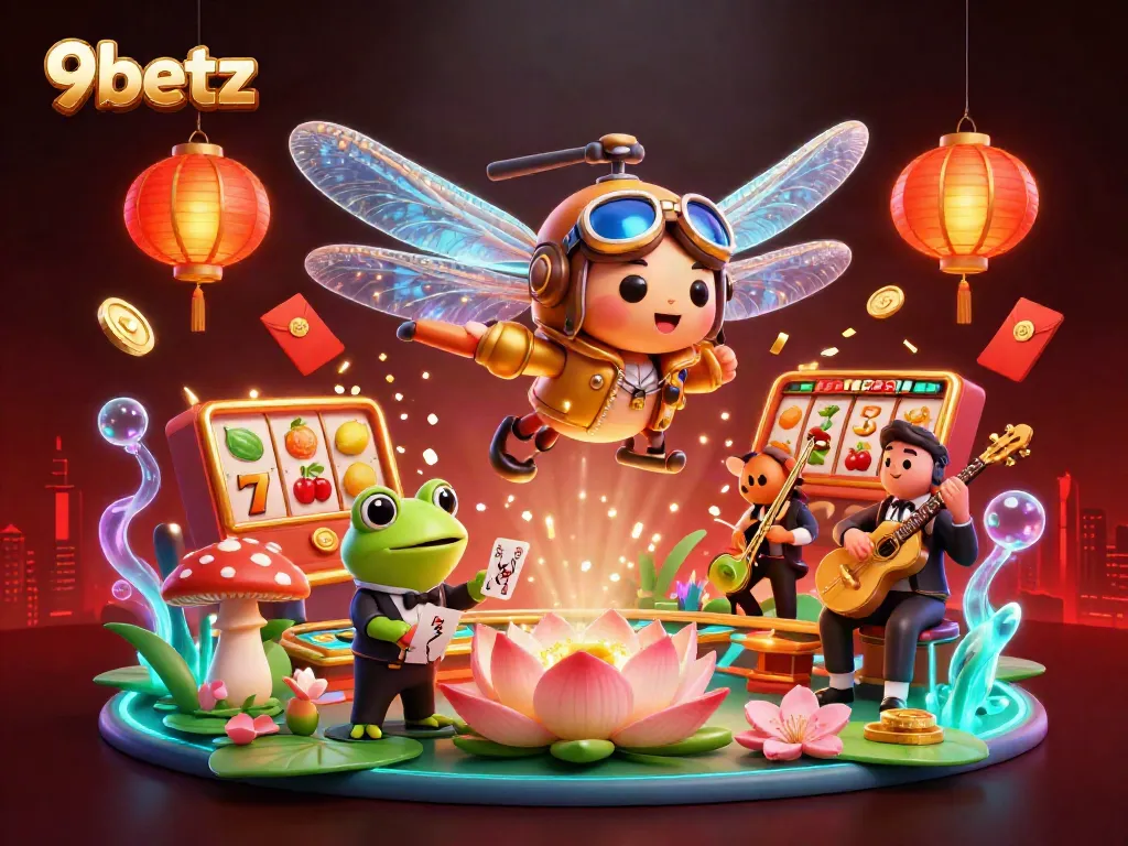 Experience gaming excitement with 9betz as a dragonfly pilot oversees a vibrant lily pad casino scene.