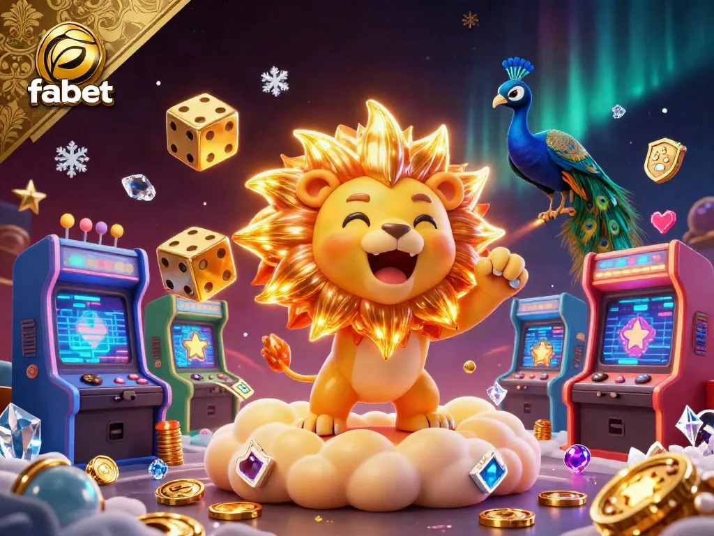 Experience the thrill of fabet in this vibrant 3D casino illustration showcasing games, golden dice, and a sun lion.