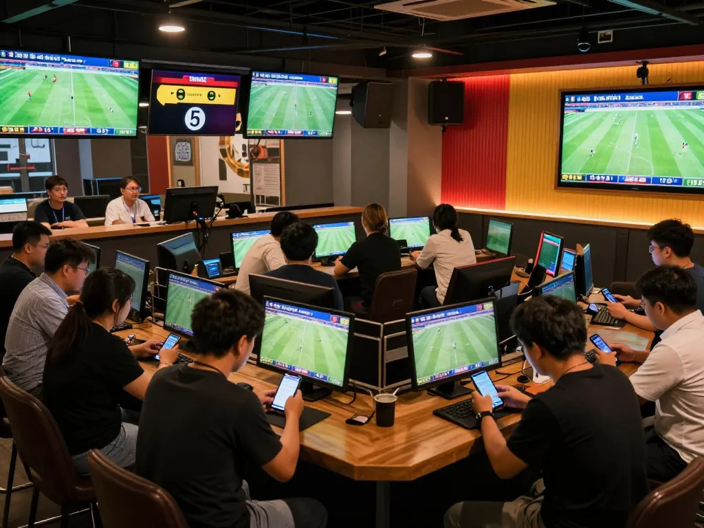 View of excited bettors engaging with kèo nhà cái 5 updates in a lively sports betting bar atmosphere