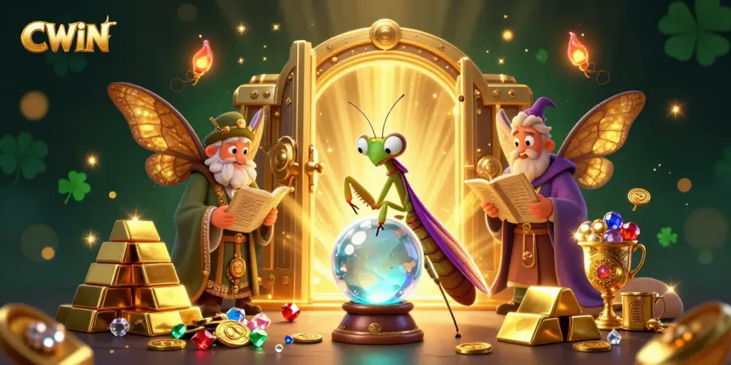 CWIN promotions showcase enchanting casino atmosphere with mystical elements and treasures.