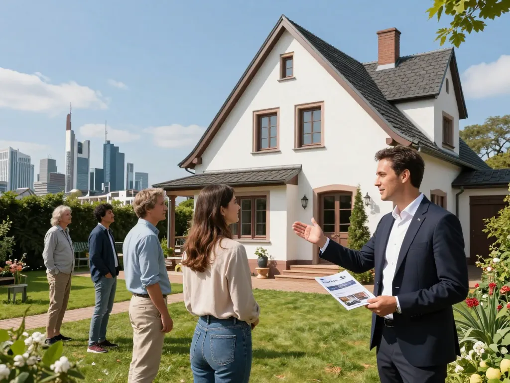Immobilienmakler Frankfurt Eschersheim präsentiert eine charmante Immobilie mit einem professionellen Agenten und potenziellen Käufern.