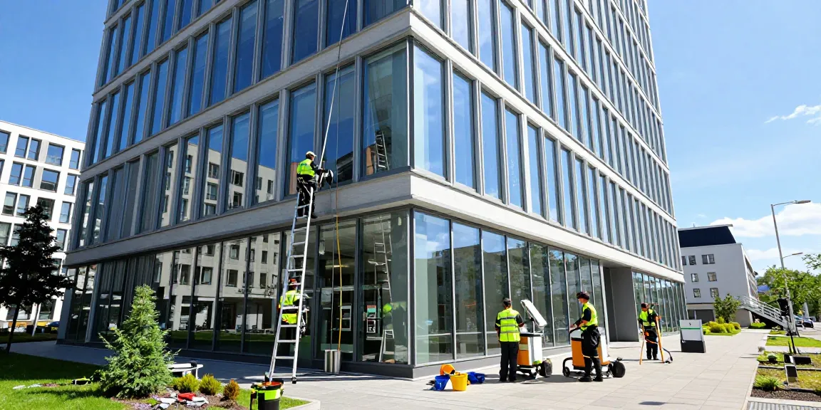 Professionelles Team beschäftigt in der Gebäudereinigung Solothurn, reinigt die Fassade eines Gewerbegebäudes mit modernen Werkzeugen.