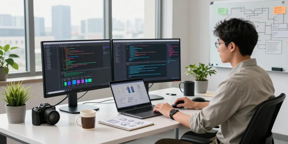 Developer building internal tools with AI in a modern workspace with multiple monitors, plants, and natural light.