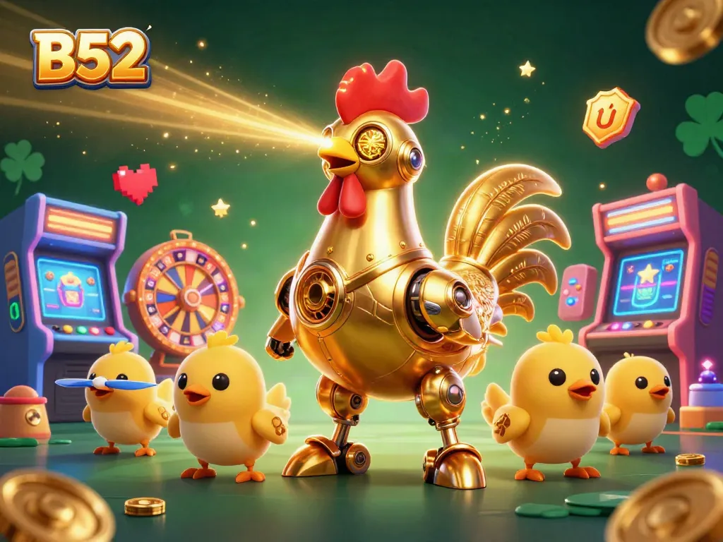 Engage with B52-themed retro-futuristic gaming fun featuring a golden rooster and cute chick drones.