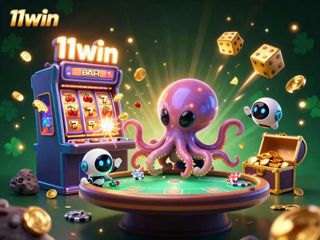 Engage in thrilling gaming at 11win, featuring a vibrant casino scene with an alien octopus and colorful slot machines.