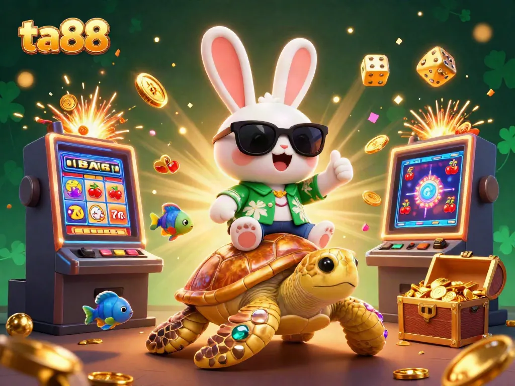 Engage with ta88, featuring a lucky rabbit and golden sea turtle amidst casino excitement and jackpot symbols.