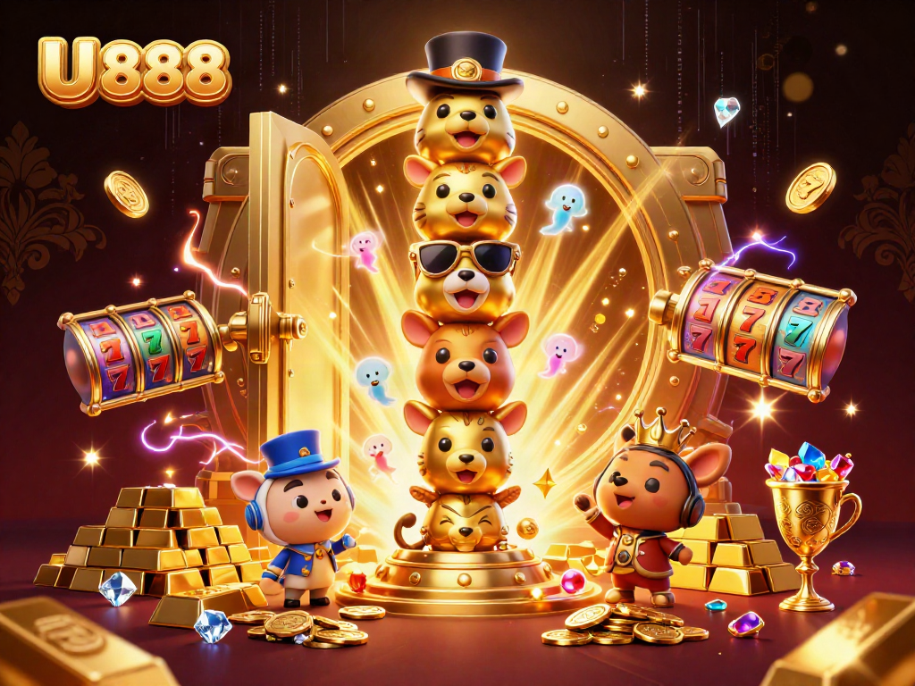 Experience the gaming thrill with U 888's captivating casino illustration showcasing vibrant slots and treasures.