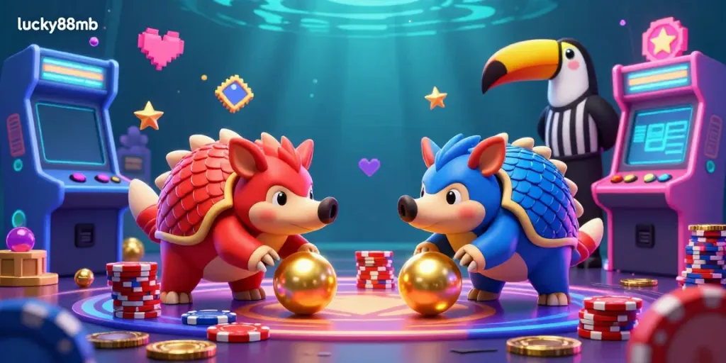 Engage in thrilling gameplay with lucky88mb as rival pangolins roll through vibrant casino chips.