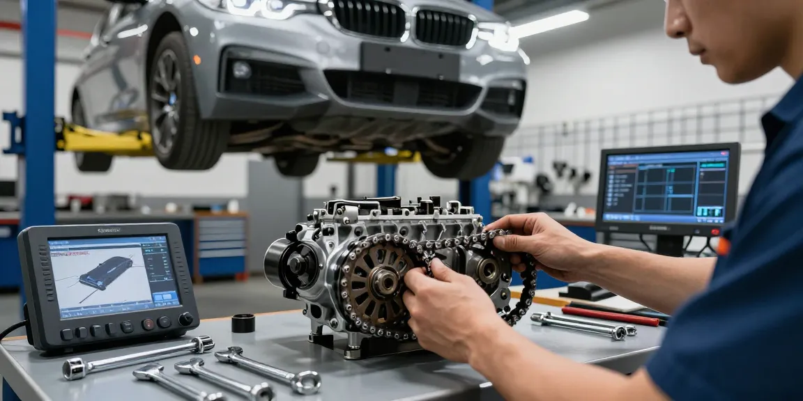 BMW Steuerkette Wechseln - Mechaniker wechselt gekonnt die Steuerkette in einer Autowerkstatt.