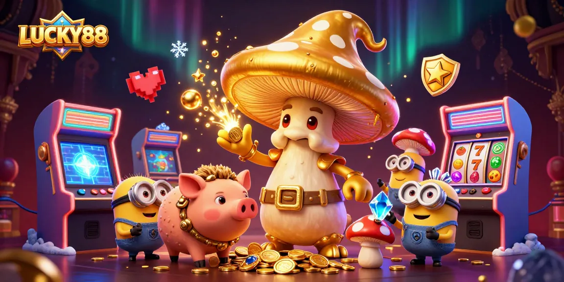 LUCKY88 enhances gameplay with a magical scene showcasing a golden mushroom wizard turning riches into reality.
