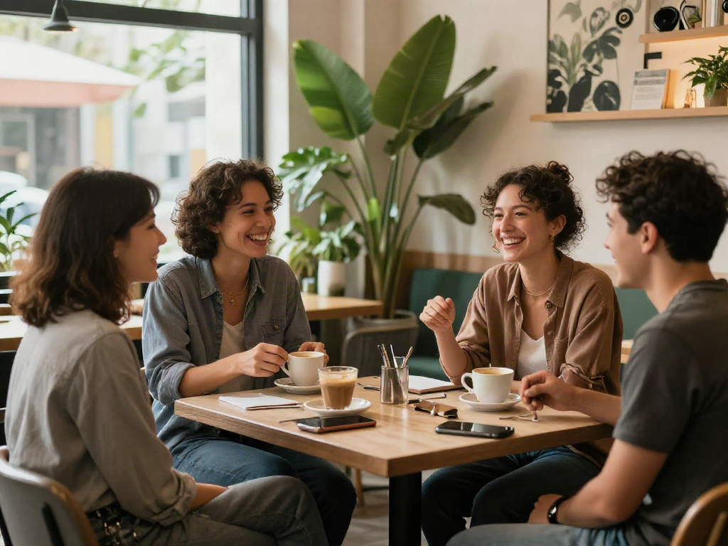 Engaging social gathering at a café featuring rokok88 friends enjoying vibrant conversations and coffee.