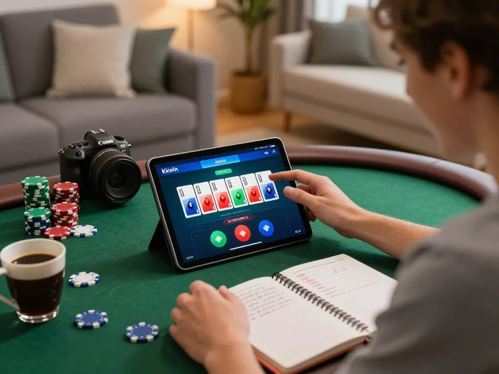 Kkwin online gaming experience with a person using a tablet for poker strategies in a cozy setting.